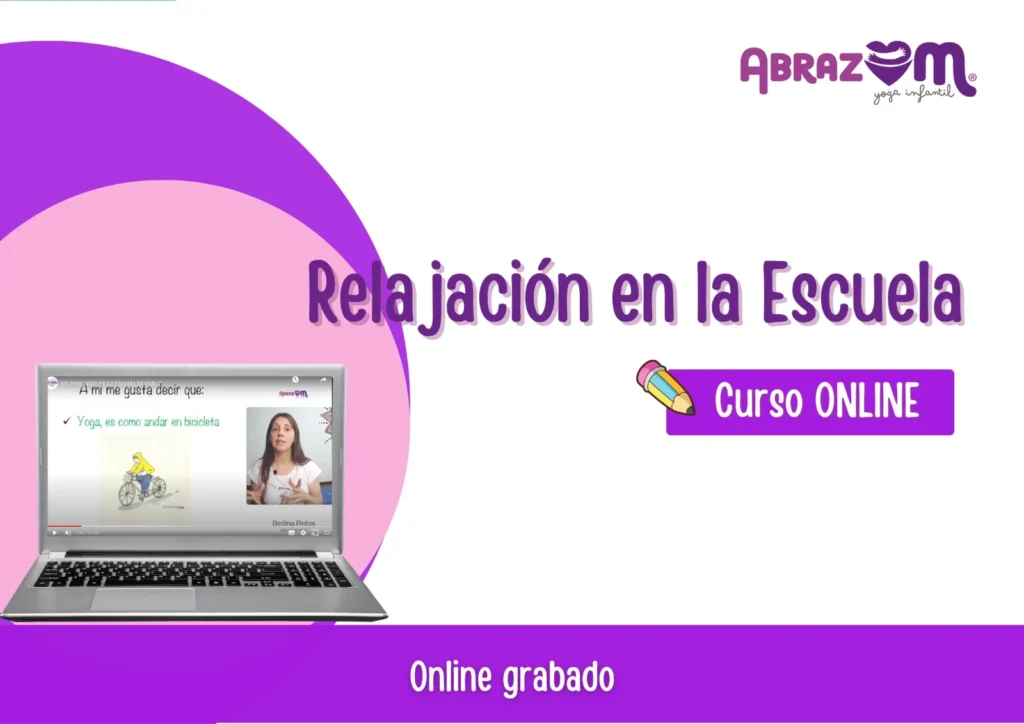 Imagen del curso Relajación en la escuela con colores fucsia y violeta.. Diseño sobre un fondo blanco con dos círculos superpuestos: uno violeta de fondo y otro con una imagen de una pantalla de computadora mostrando una clase se muestra el logo de Abrazom y la indicación 'de curso online